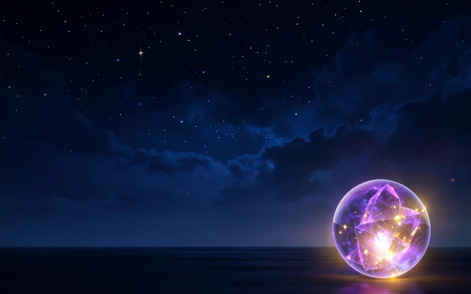 Glowing violet crystal orb beneath a star-filled midnight sky